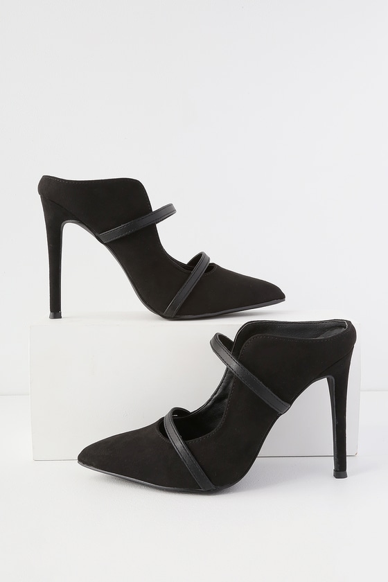 Trendy Black Heels - Pointed Toe Mules - Vegan Suede Heels