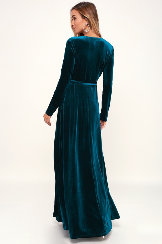 Lovely Teal Blue Dress - Long Sleeve Dress - Velvet Wrap Maxi