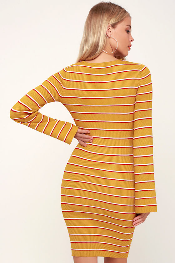 Cute Yellow Striped Dress Bell Sleeve Dress Bodycon Dress