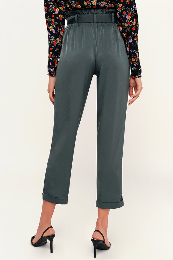 Chic Olive Green Pants - Satin Pants - Paper Bag Waist Pants