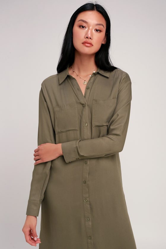 Olive green long sleeve shirt dress up