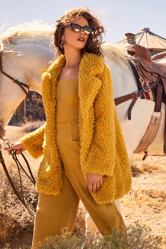 BRIELLA MUSTARD YELLOW FAUX FUR COAT LULUS