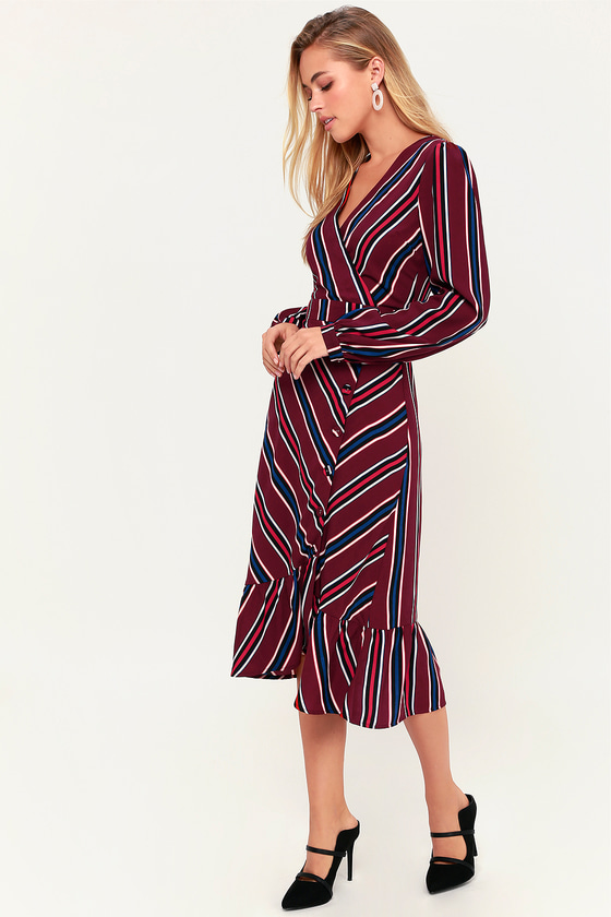 Lulus Burgundy Striped Dress - Button-Uo Dress - Midi Dress