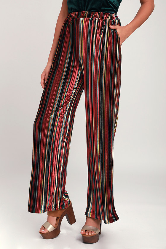 Cool Velvet Pants - Rust Red Multi Stripe Pants - Wide Leg Pants