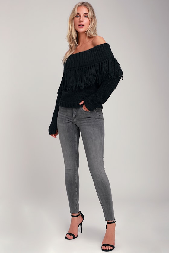 Cute Black Sweater OfftheShoulder Sweater Fringe Sweater