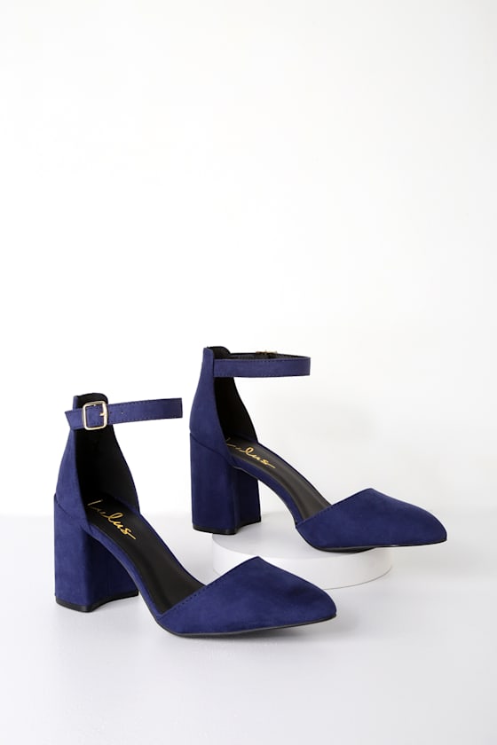Trendy Navy Blue Heels Ankle Strap Heels Block Heels
