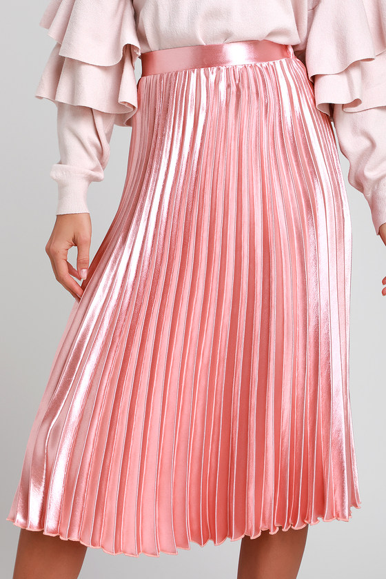 pink metallic pleated midi skirt