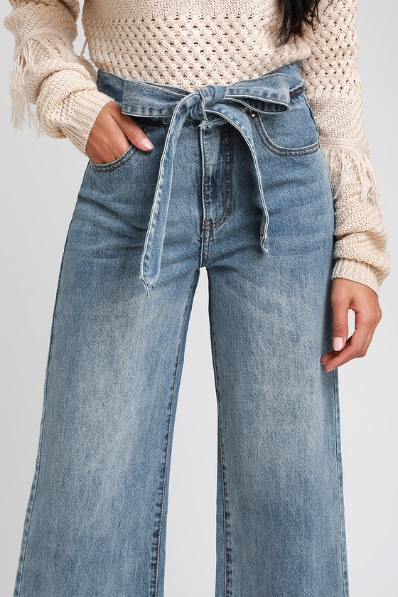 Trendy Medium Wash Jeans - Tie-Front Jeans - Cropped Jeans