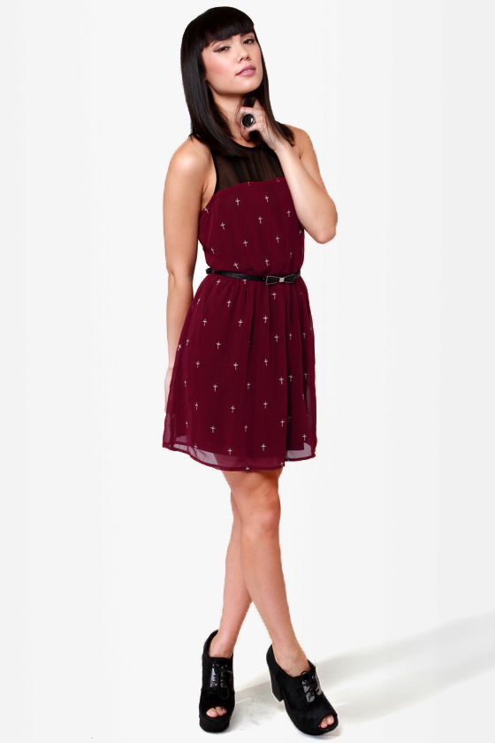 Cute Burgundy Dress - Embroidered Dress - $42.00