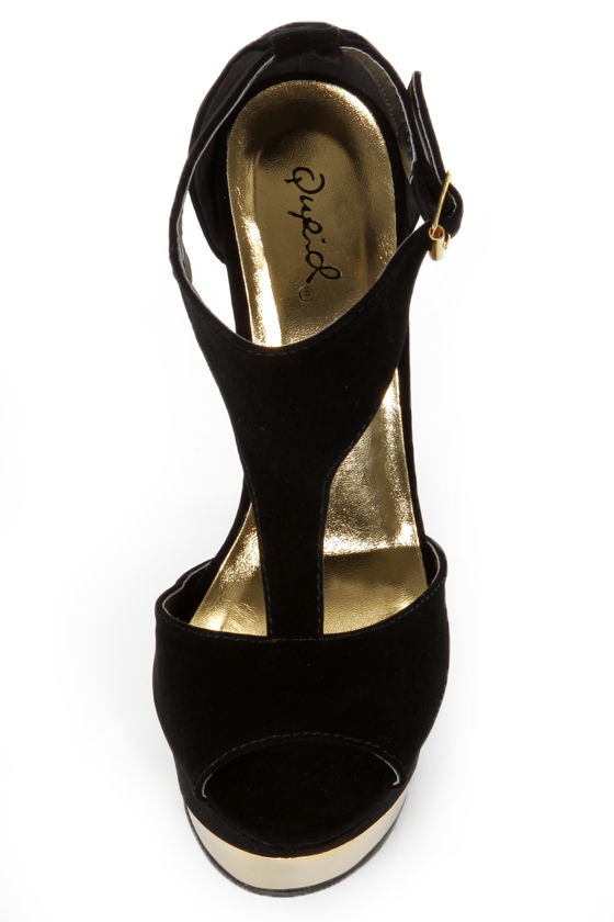 Qupid Count 09 Black Velvet and Gold T Strap Platform Heels - $37.00