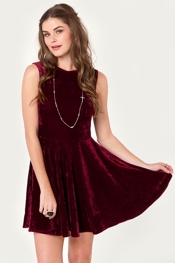 Cute Burgundy Dress - Velvet Dress - Skater Dress - $43.00