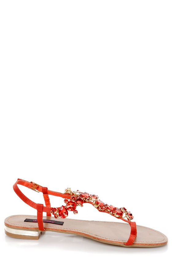 Dollhouse Radiant Orange Rhinestone Studded Thong Sandals - $34.00
