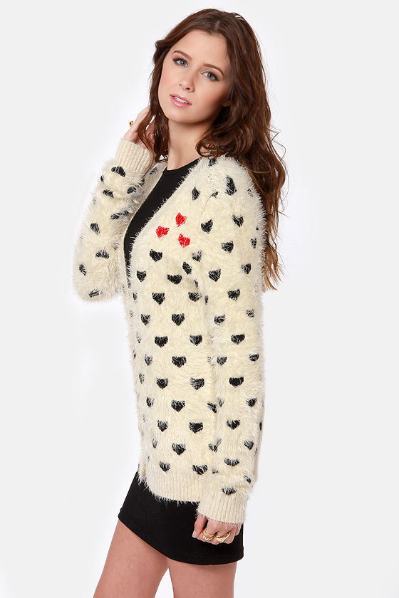 Cozy Cream Sweater Cardigan Sweater Heart Print Sweater 49.00