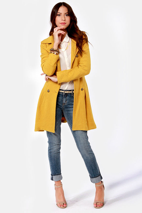 Cute Mustard Yellow Coat Double Breasted Coat Belted Coat 114.00