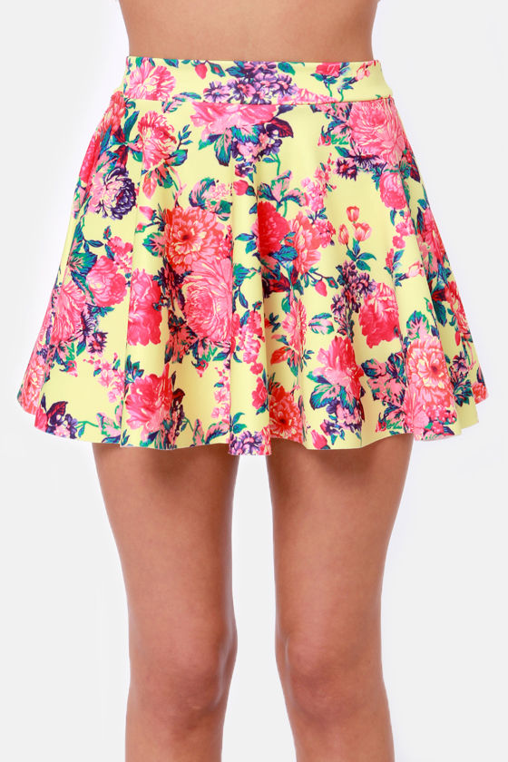 Bright Yellow Skirt - Skater Skirt - Neon Skirt - Floral Print Skirt ...