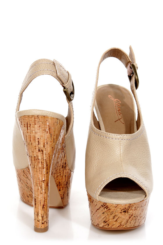 GoMax Tiny Dancer 07 Tan Slingback Peep Toe Clog Platform Heels - $59.00
