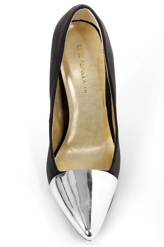 Shoe Republic LA Latin Black and Silver Cap-Toe Pointed Pumps - $37.00