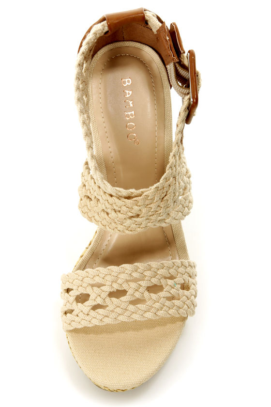 Bamboo Pompey 39 Beige Canvas Crocheted Wedge Sandals - $38.00