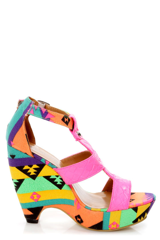 Fiebiger Bubble Gum Neon Pink Print T-Strap Wedge Sandals