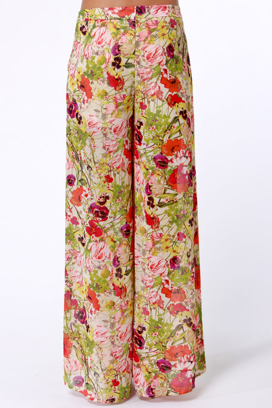 Hip Multi Floral Print High-Waisted Pants - Wide-Leg Pants