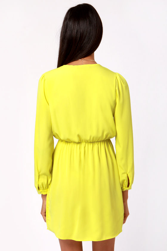 Cute Neon Yellow Dress Wrap Dress Long Sleeve Dress 49.00
