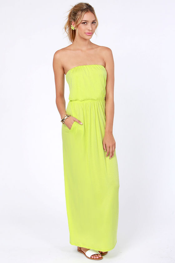 Cute Highlighter Yellow Dress Maxi Dress Strapless Dress 41.00