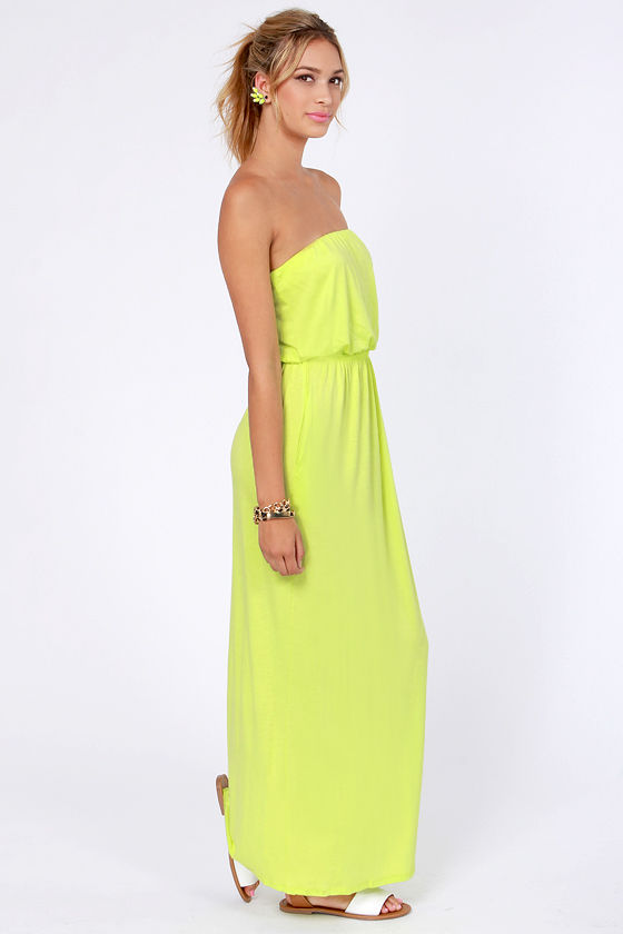 Cute Highlighter Yellow Dress Maxi Dress Strapless Dress 41.00