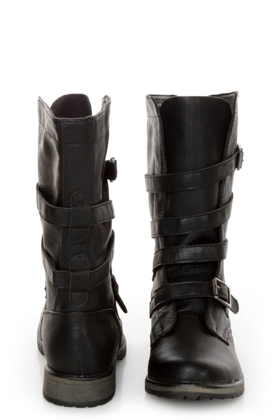 Madden Girl Raszcal Black Slouchy Belted Combat Boots - $79.00
