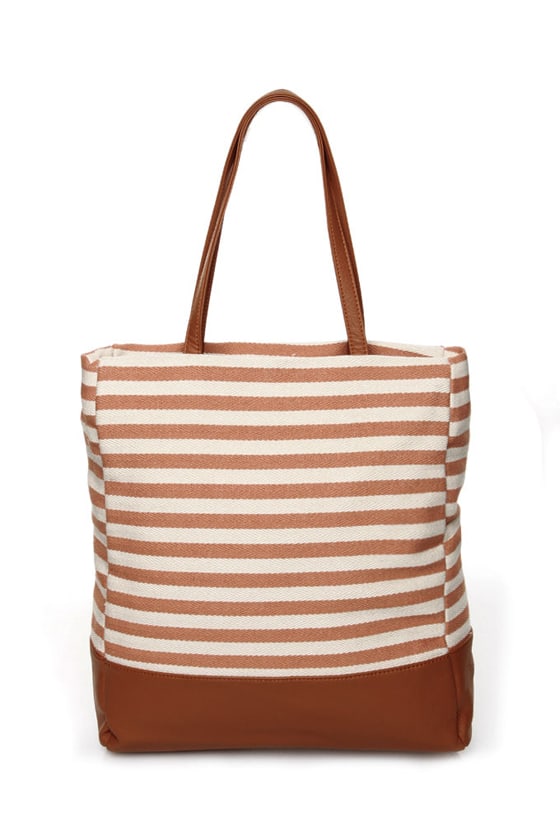 Striped Tote - Canvas Tote - Brown Tote - Beach Bag - $38.00