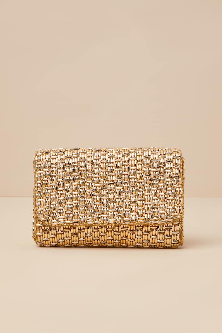 Stunning Glow Gold Beaded Rectangular Mini Clutch