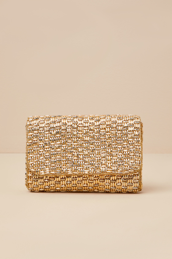 Stunning Glow Gold Beaded Rectangular Mini Clutch 2