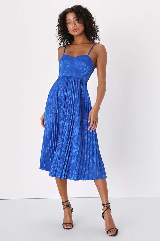 Lulus Chic Sensibility Cobalt Blue Satin Jacquard Pleated Midi Dress
