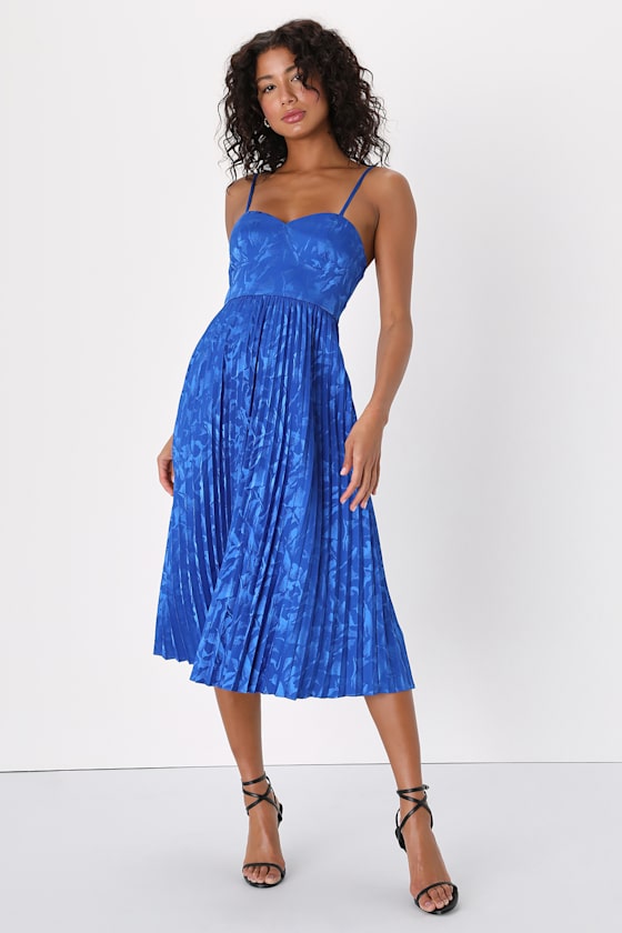 Chic Sensibility Cobalt Blue Satin Jacquard Pleated Midi Dress 4