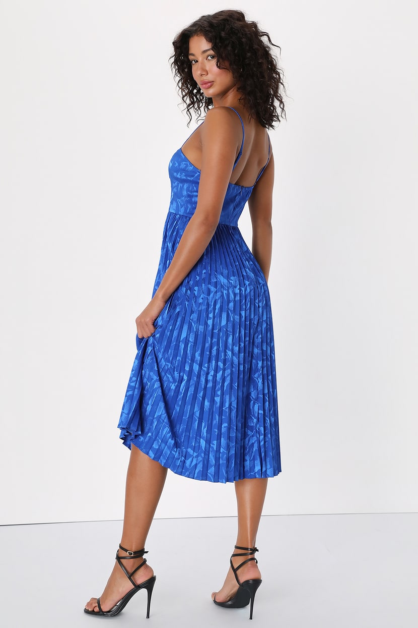 Chic Sensibility Cobalt Blue Satin Jacquard Pleated Midi Dress