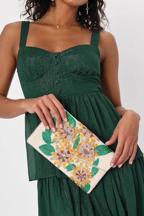 Blossom Season Beige Multi Floral Beaded Clutch 1