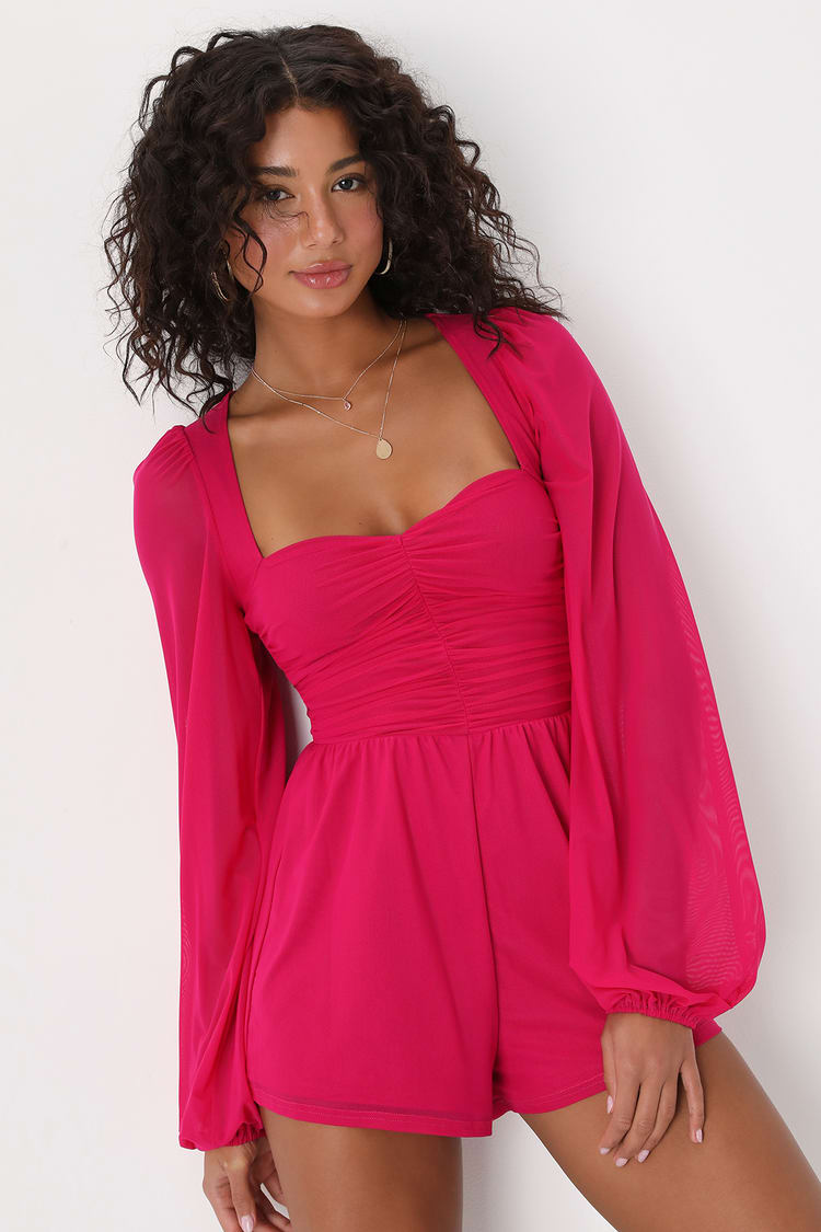 Fuchsia Mesh Romper - Balloon Sleeve Romper - Ruched Romper - Lulus