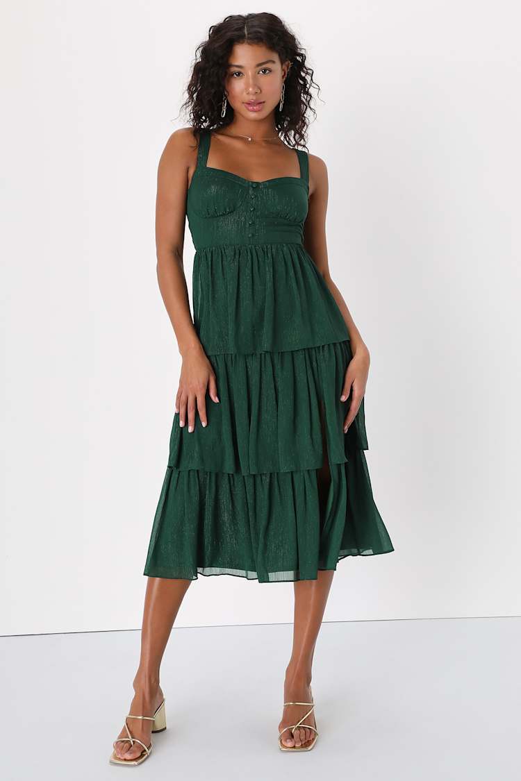 Emerald Green Midi Dress - Lurex Tiered Dress - Bustier Dress