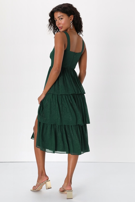 Emerald Green Midi Dress - Lurex Tiered Dress - Bustier Dress - Lulus
