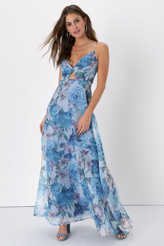 Lulus Enchanting Entrance Blue Floral Organza Keyhole Maxi Dress