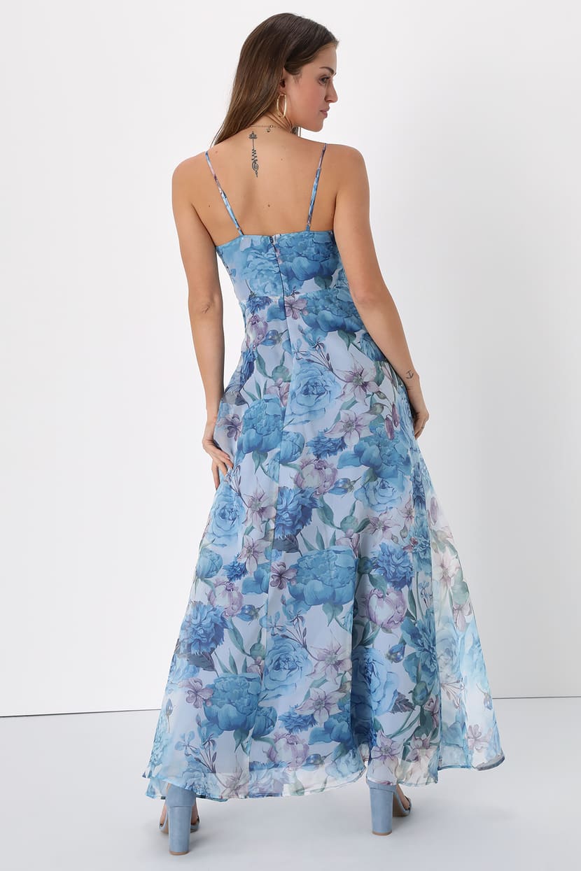 Enchanting Entrance Blue Floral Organza Keyhole Maxi Dress