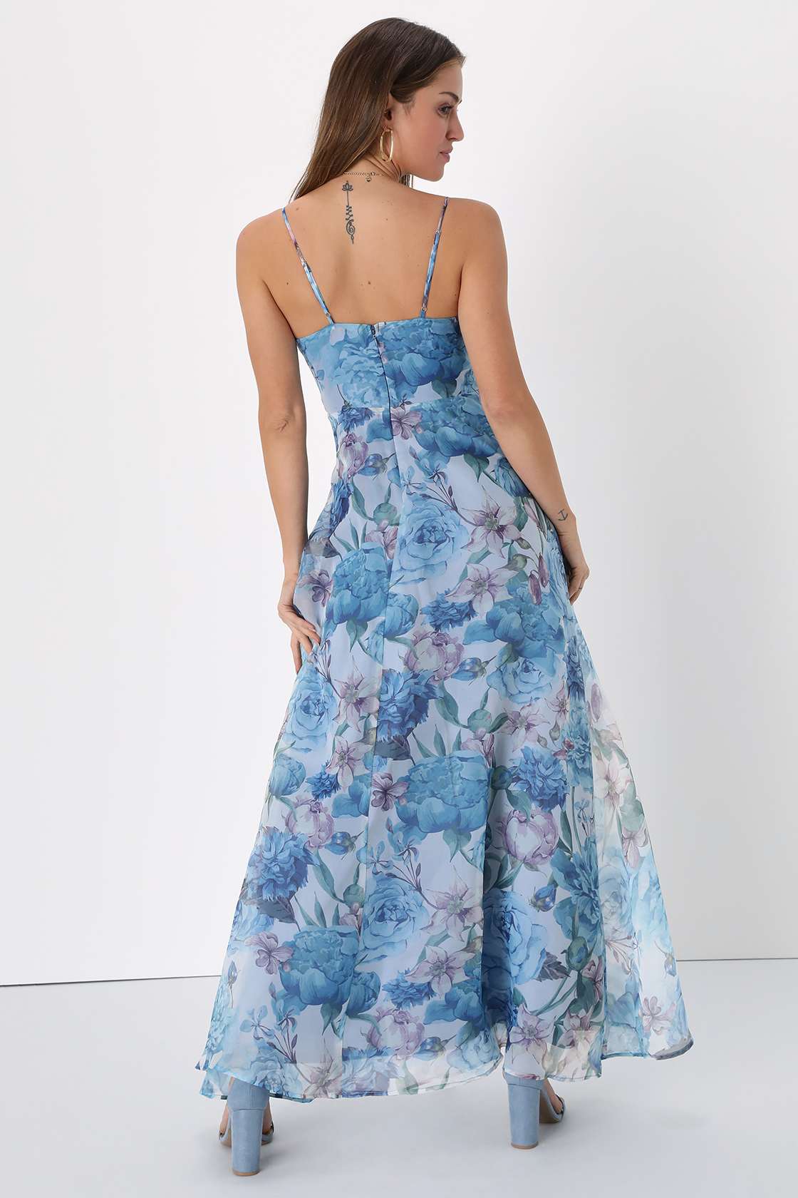 Enchanting Entrance Blue Floral Organza Keyhole Maxi Dress
