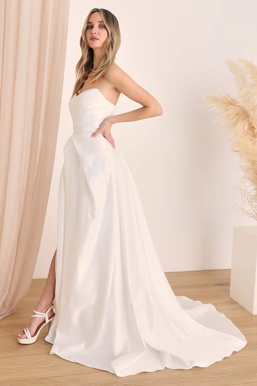 how did guys dress in the 2000s Strapless A Line Floor Length Satin Bridal Gown – TANYA BRIDAL main image 0