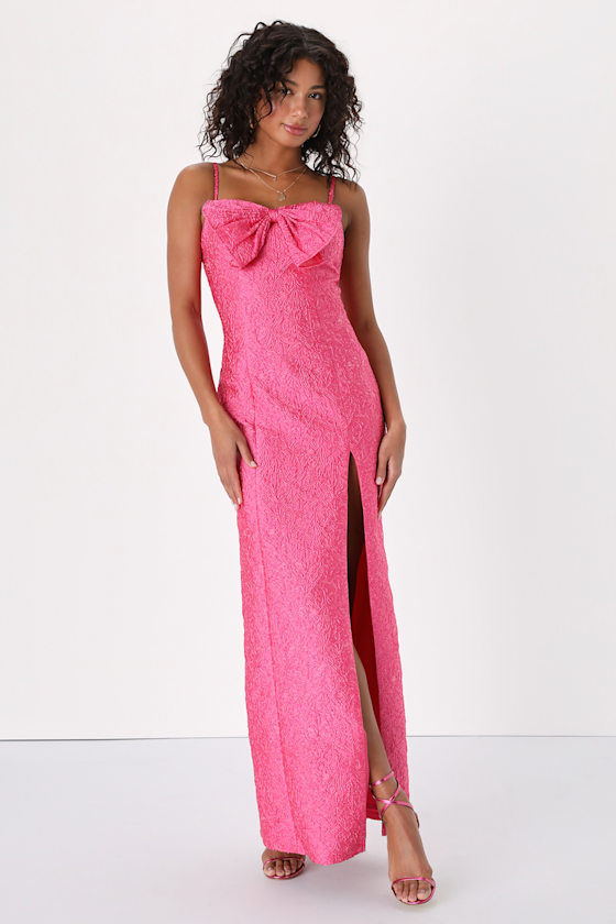 Blush Pink Jacquard Midi Dress with Bow Shoulder Straps