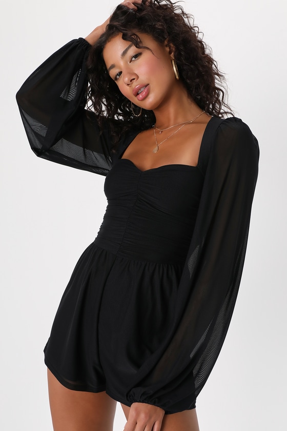 Lulus Playful Perfection Black Mesh Ruched Balloon Sleeve Romper