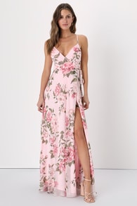 Oh-So Romantic Pink Floral Print Sleeveless Wrap Maxi Dress