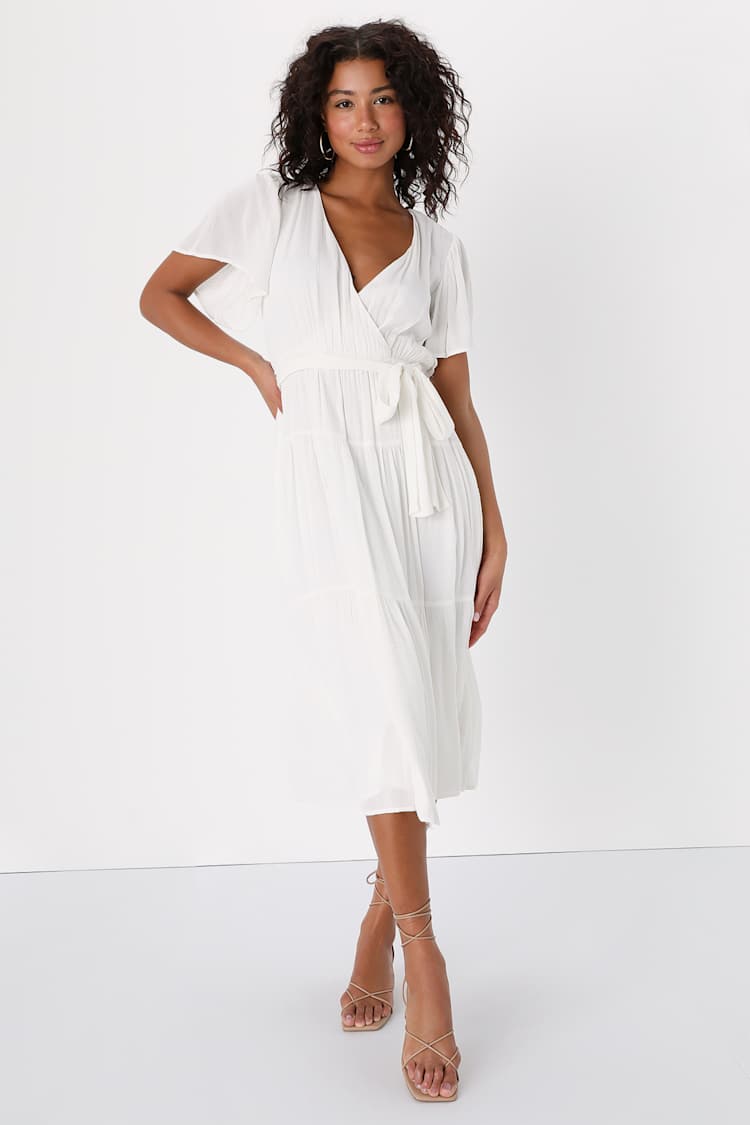 Wholesome Whimsy White Tiered Faux-Wrap Dress With Pockets