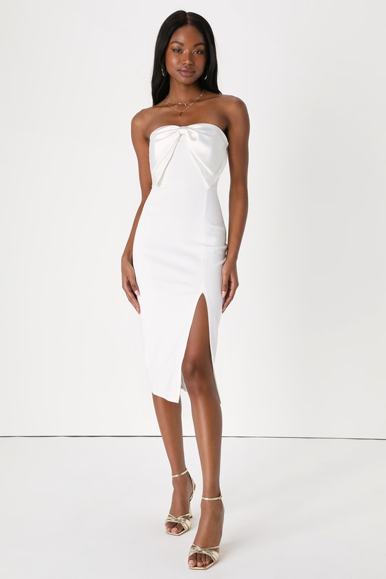 Bring the Poise White Strapless Bow Midi Dress