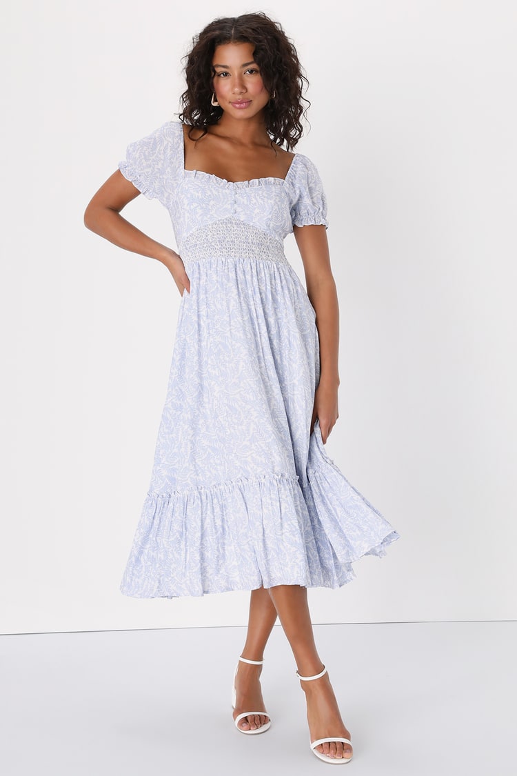 Dreamy Darling Blue and White Floral Puff Sleeve Midi Dress