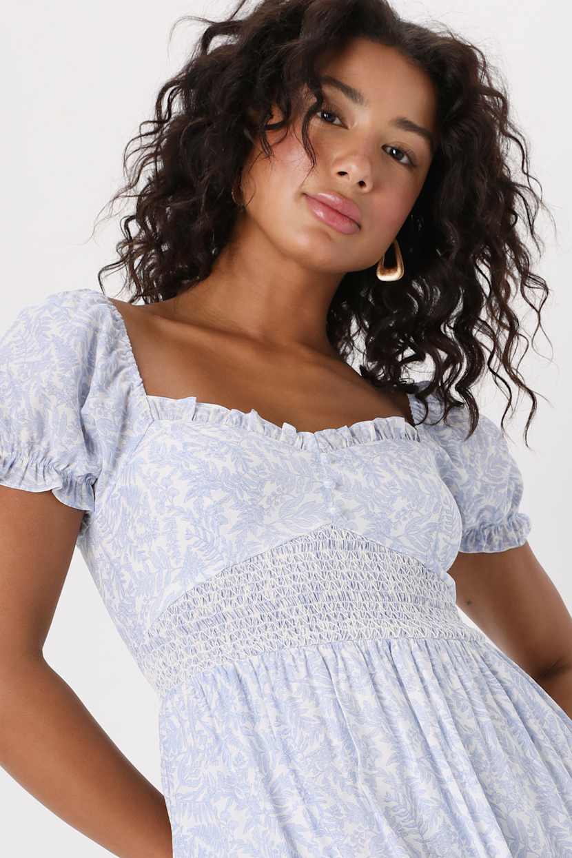 Dreamy Darling Blue and White Floral Puff Sleeve Midi Dress