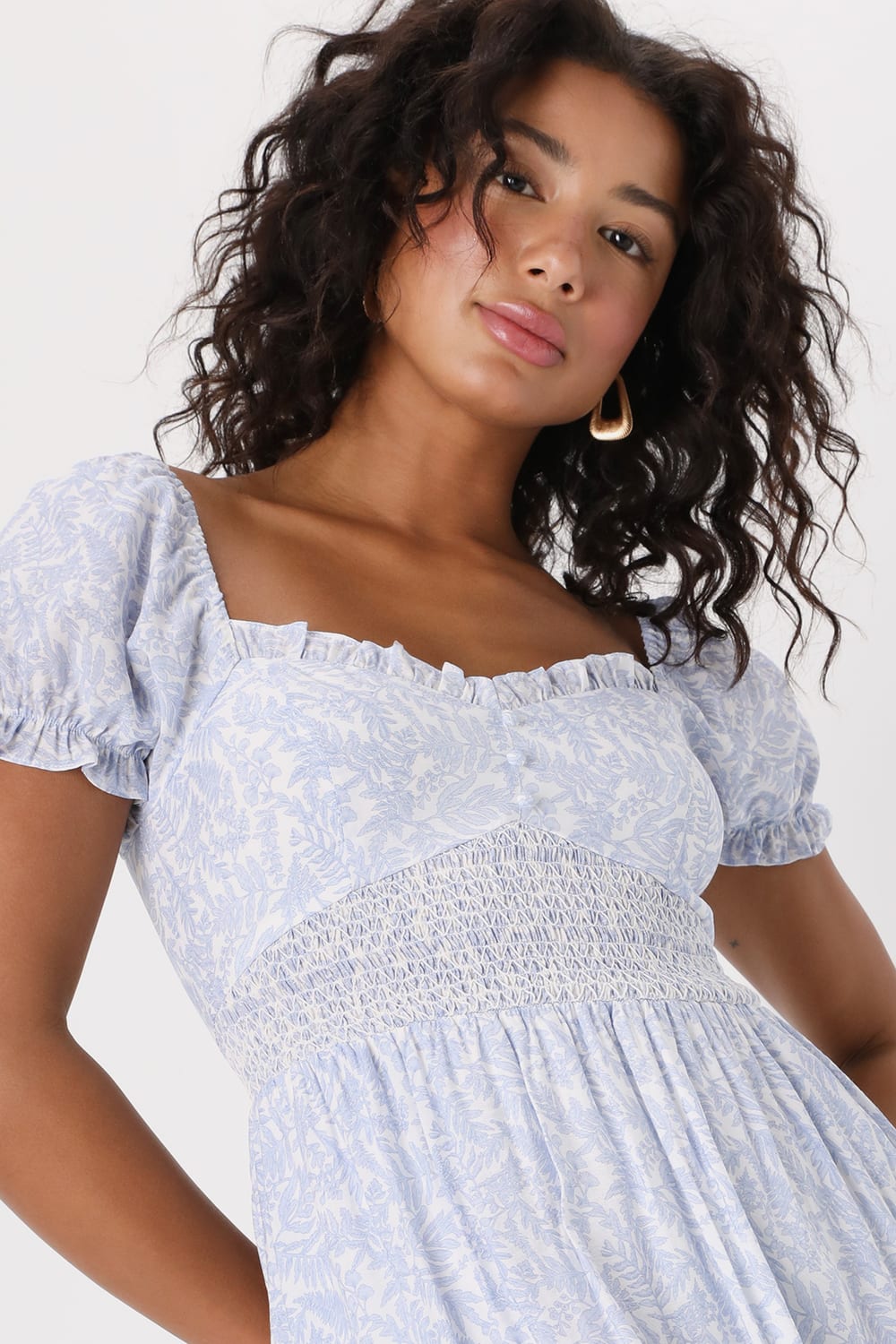 Dreamy Darling Blue and White Floral Puff Sleeve Midi Dress